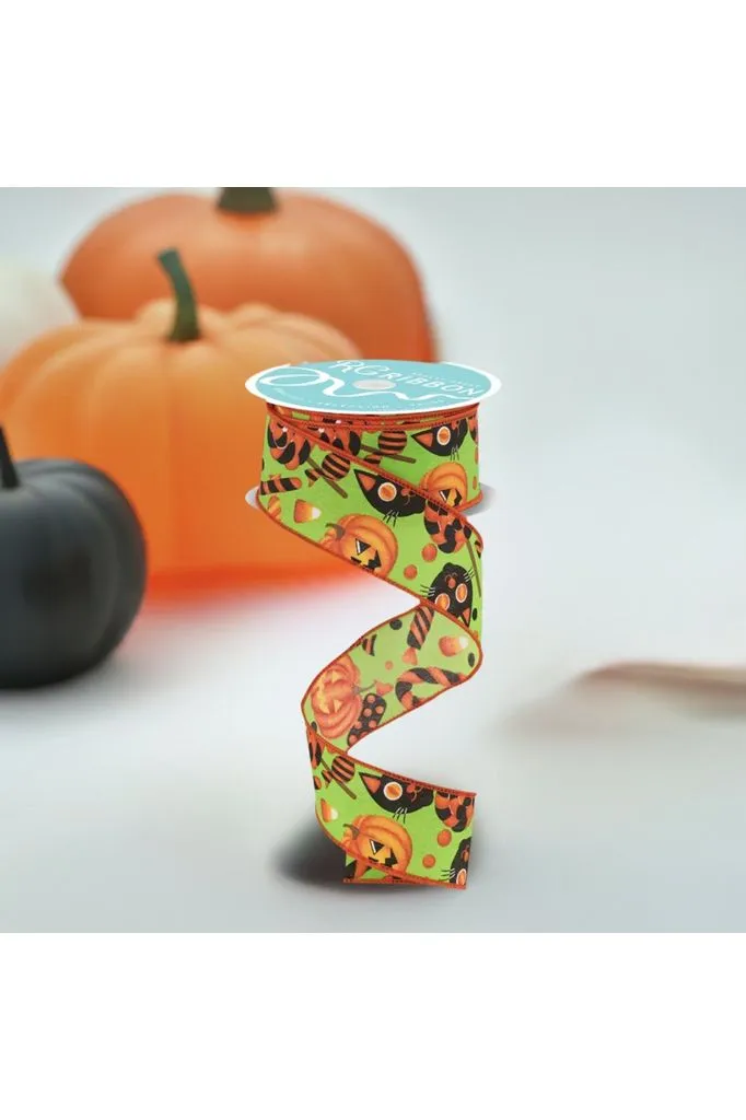 1.5" Pumpkin Cat Candy Ribbon: Lime Green (10 Yards)