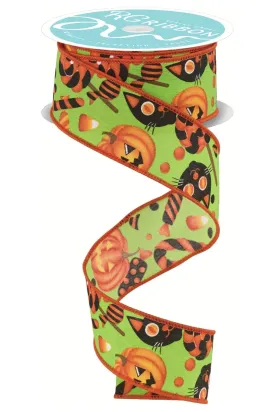 1.5" Pumpkin Cat Candy Ribbon: Lime Green (10 Yards)