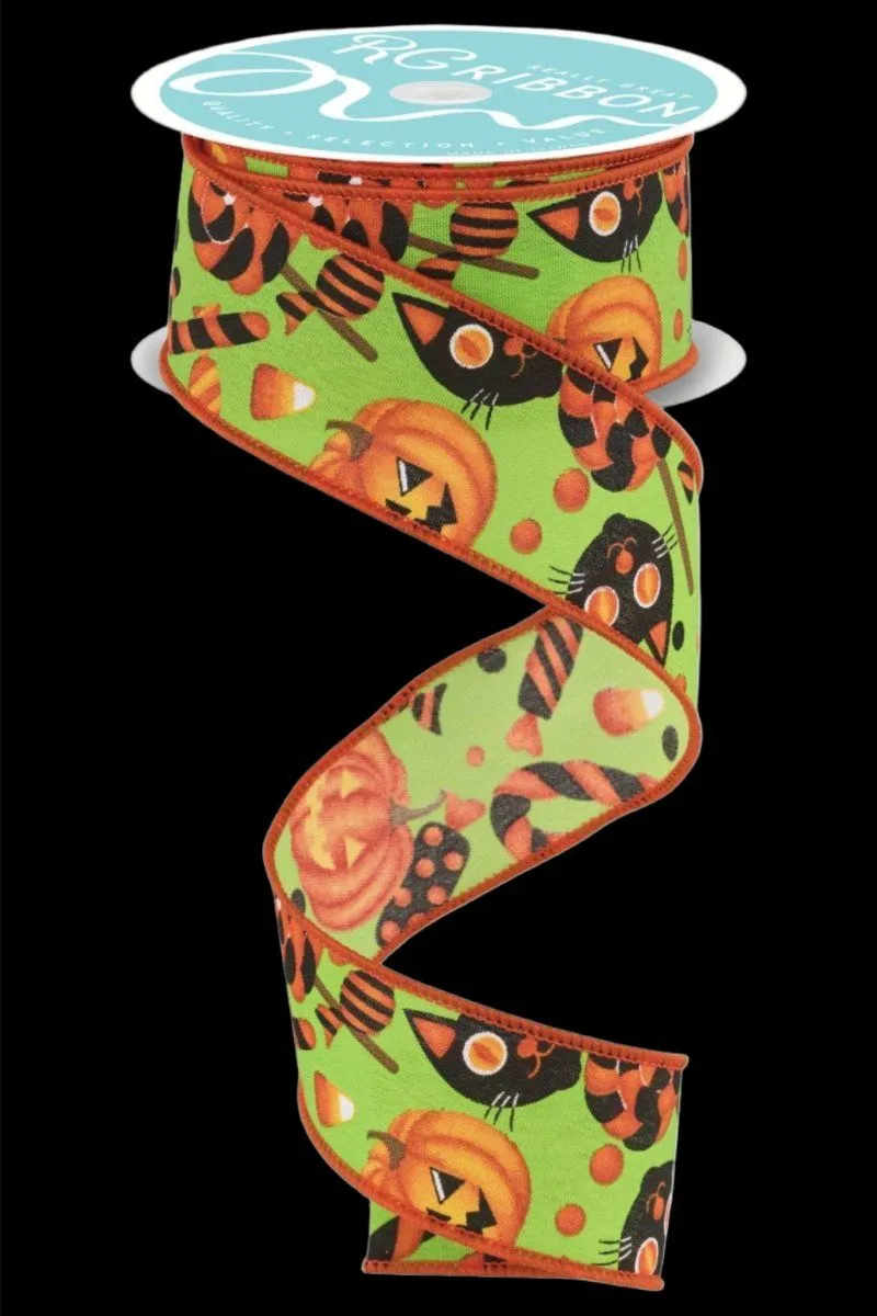 1.5" Pumpkin Cat Candy Ribbon: Lime Green (10 Yards)