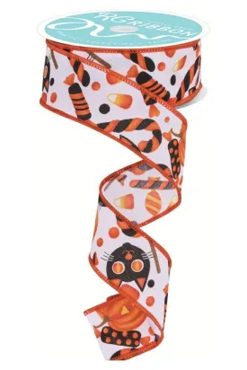 1.5" Pumpkin Cat Candy Ribbon: White (10 Yards)