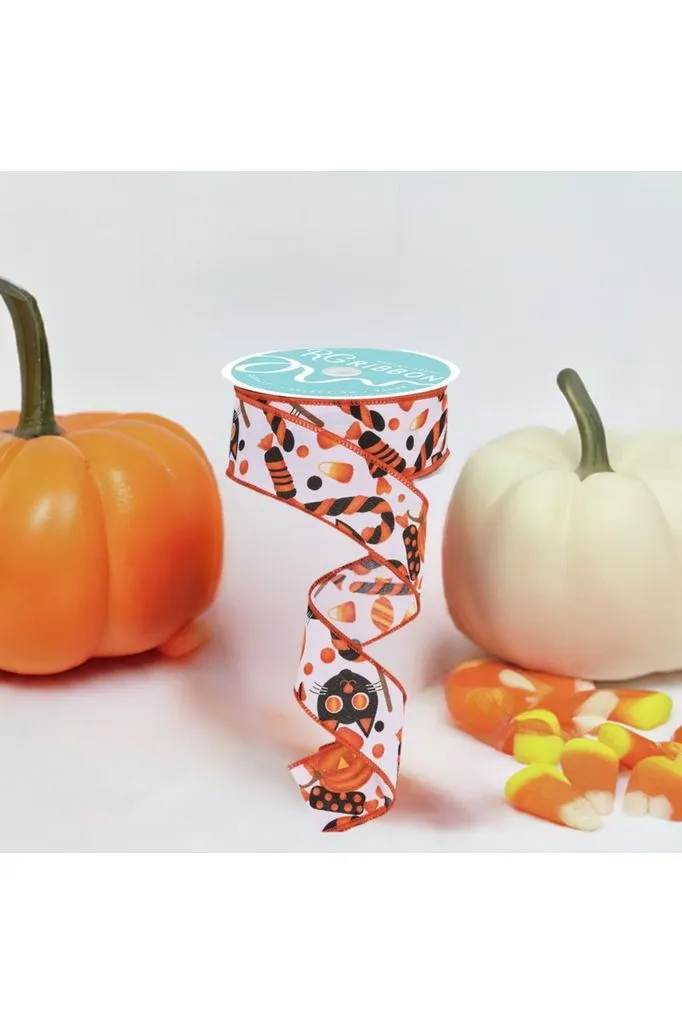 1.5" Pumpkin Cat Candy Ribbon: White (10 Yards)