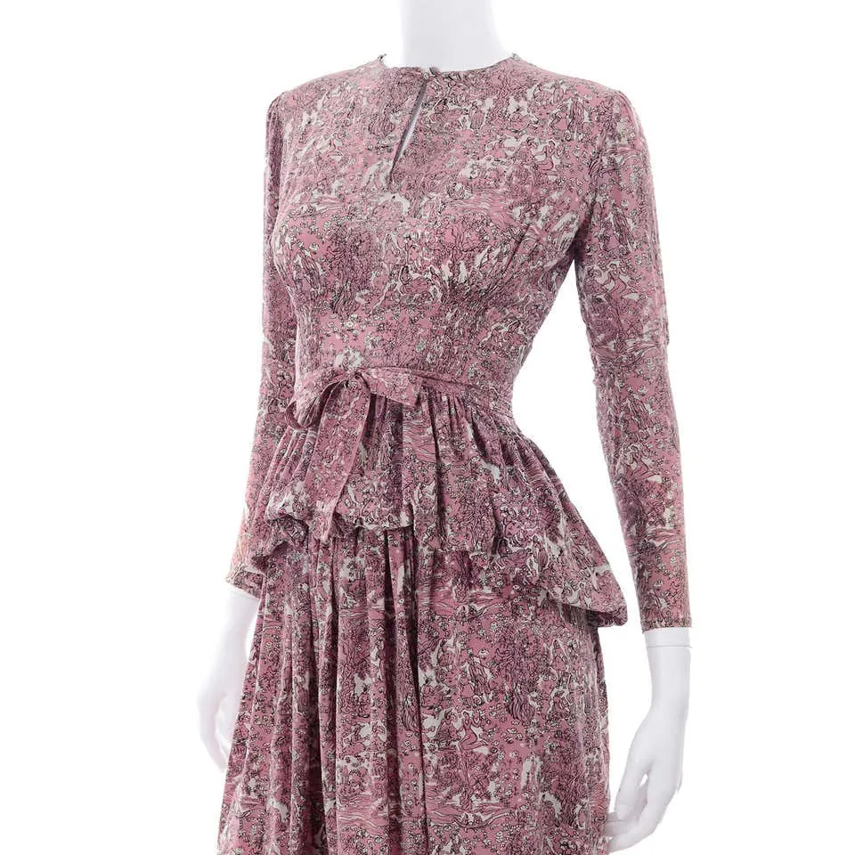 1940s Novelty Toile Print Mauve Pink Vintage Dress w Peplum