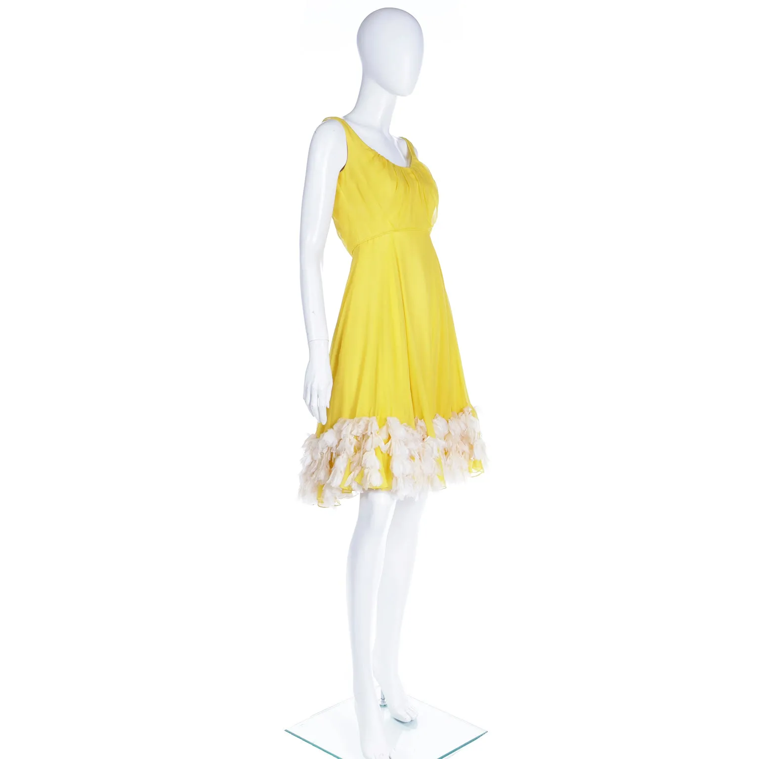 1960s Miss Bergdorf Yellow Silk Chiffon Dress W Silk Faux Feathers