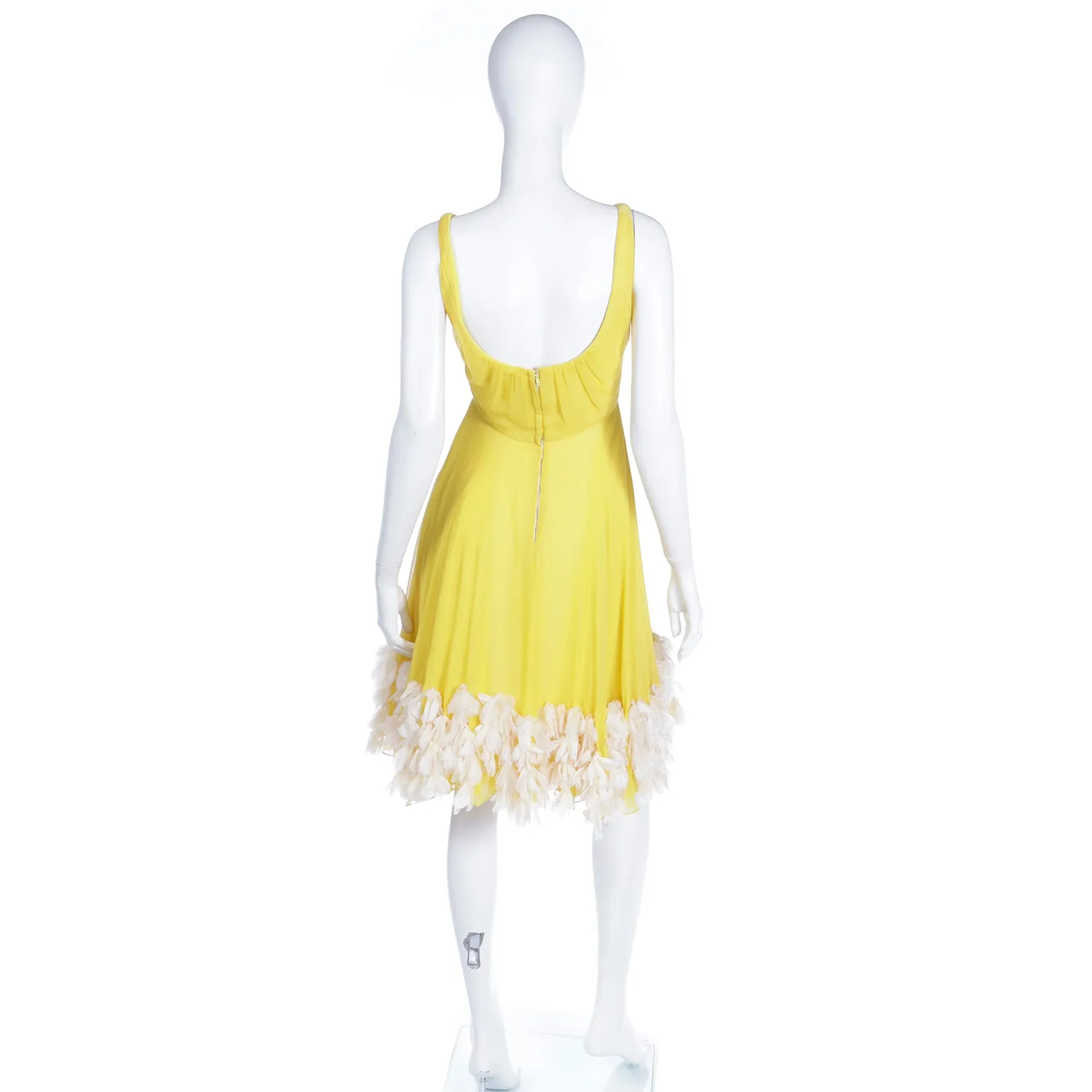 1960s Miss Bergdorf Yellow Silk Chiffon Dress W Silk Faux Feathers