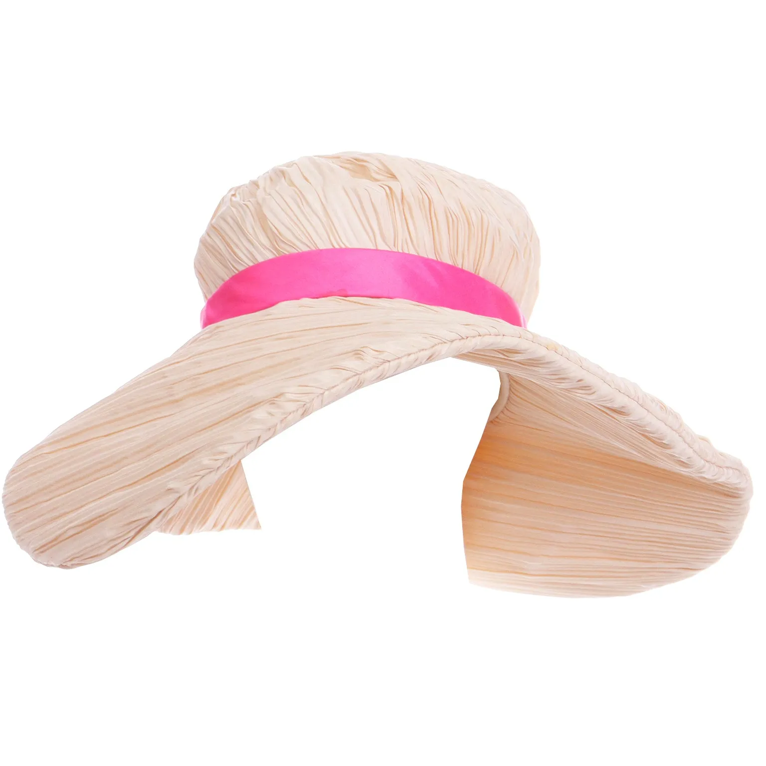 1960s Mr John Vintage Pleated Cream Floppy Hat with Pink Ribbon