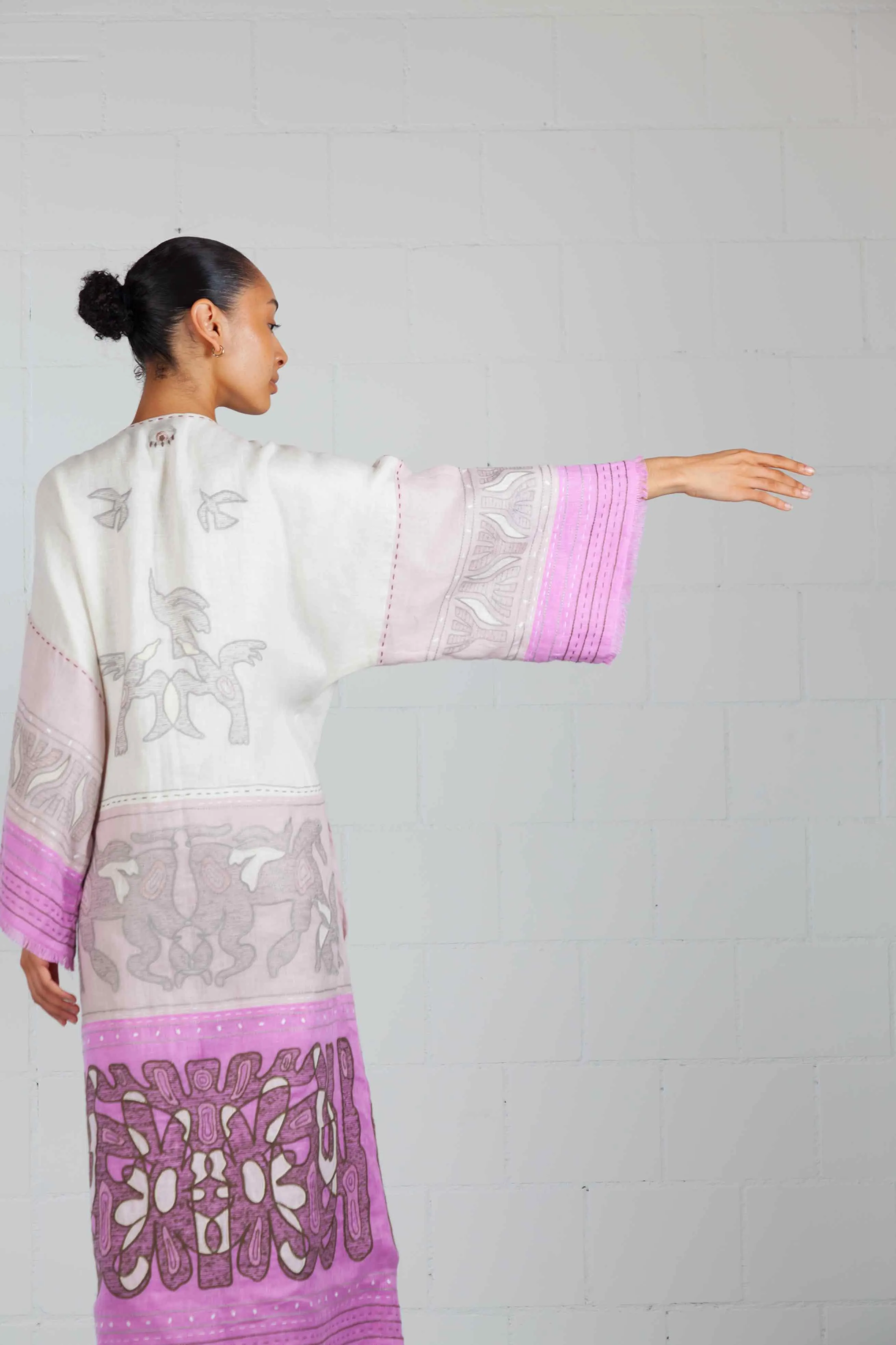 Animal Realm long Kimono in Ivory and Powder Pink - My Sleeping Gypsy