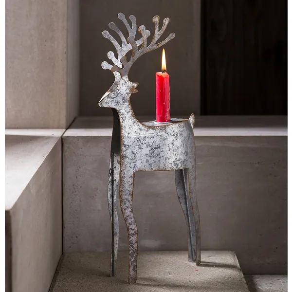 Antiqued Metal Reindeer Christmas Taper Candle Holder Tabletop Holiday Mantel Décor Set of 2