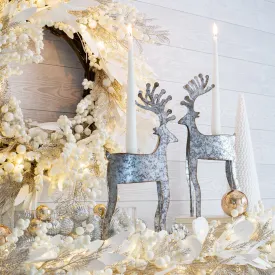 Antiqued Metal Reindeer Christmas Taper Candle Holder Tabletop Holiday Mantel Décor Set of 2