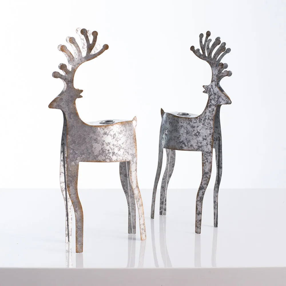 Antiqued Metal Reindeer Christmas Taper Candle Holder Tabletop Holiday Mantel Décor Set of 2