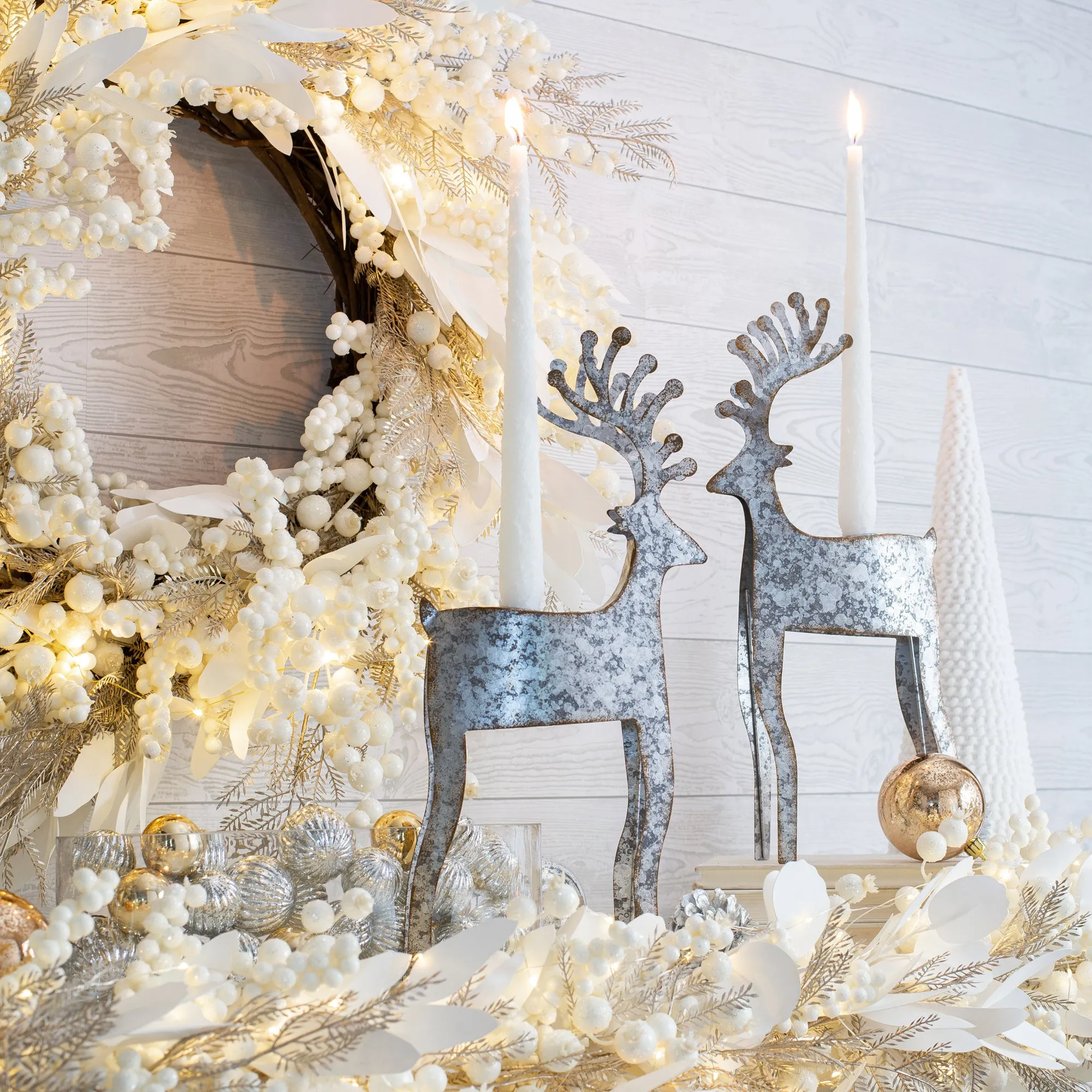 Antiqued Metal Reindeer Christmas Taper Candle Holder Tabletop Holiday Mantel Décor Set of 2