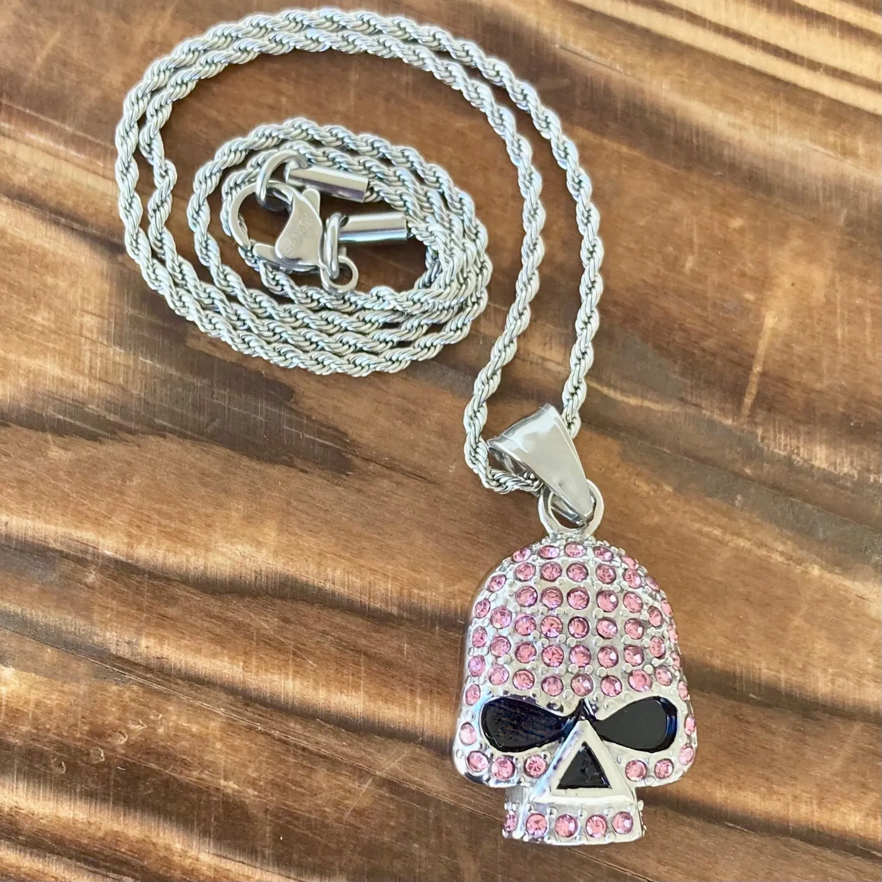 Bling Skull Pendant - Pink Stone Pendant - Rope Necklace or Omega - 2596C