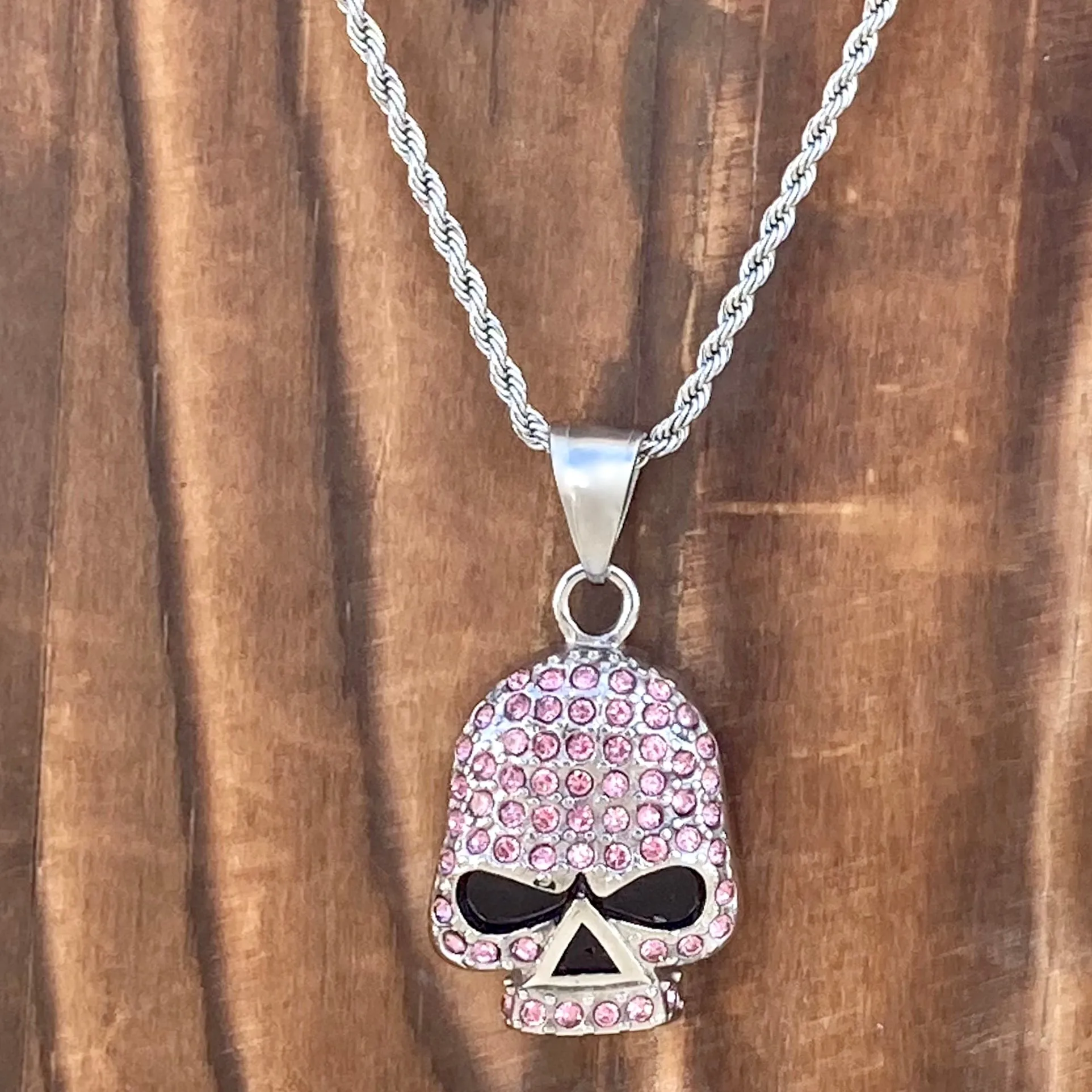 Bling Skull Pendant - Pink Stone Pendant - Rope Necklace or Omega - 2596C