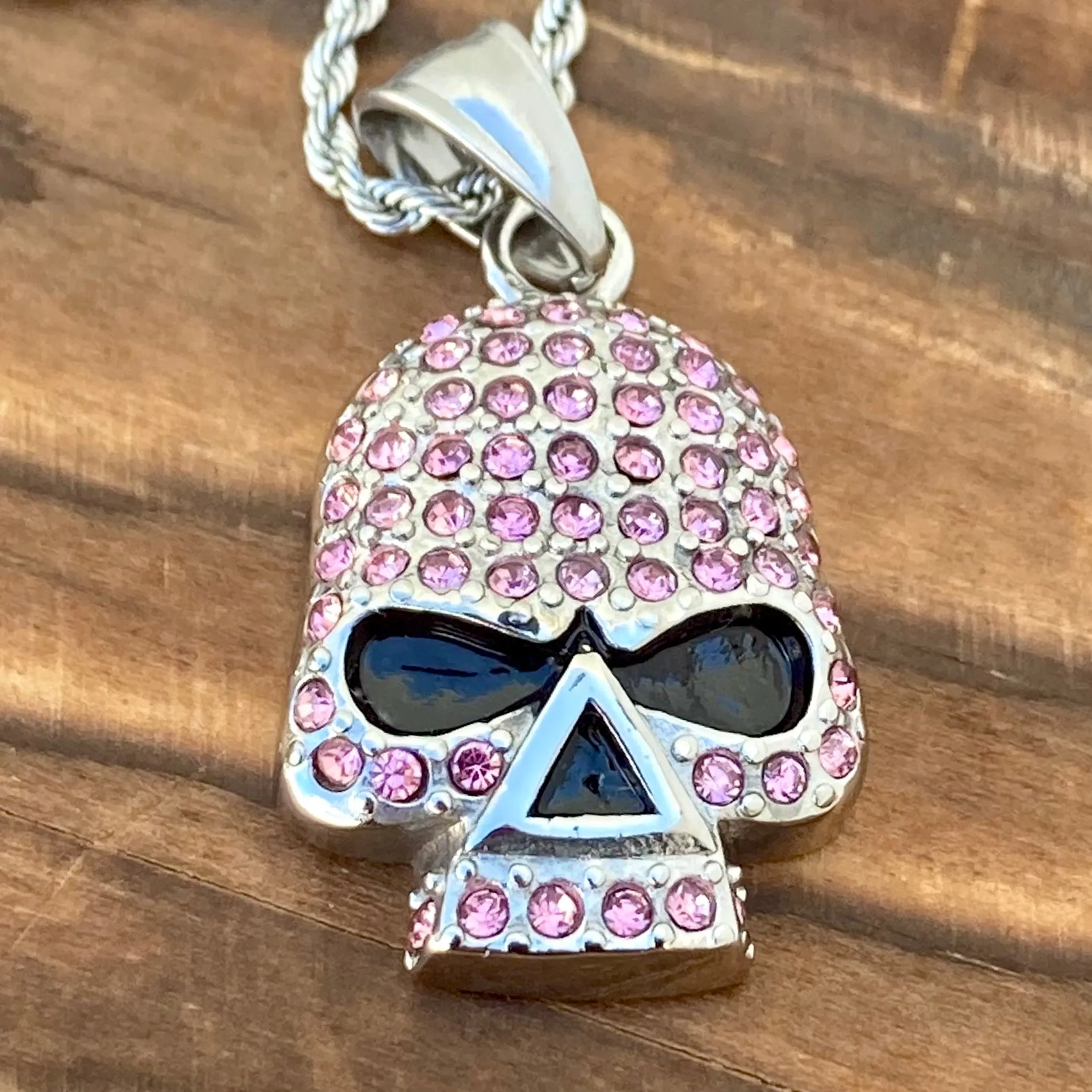 Bling Skull Pendant - Pink Stone Pendant - Rope Necklace or Omega - 2596C