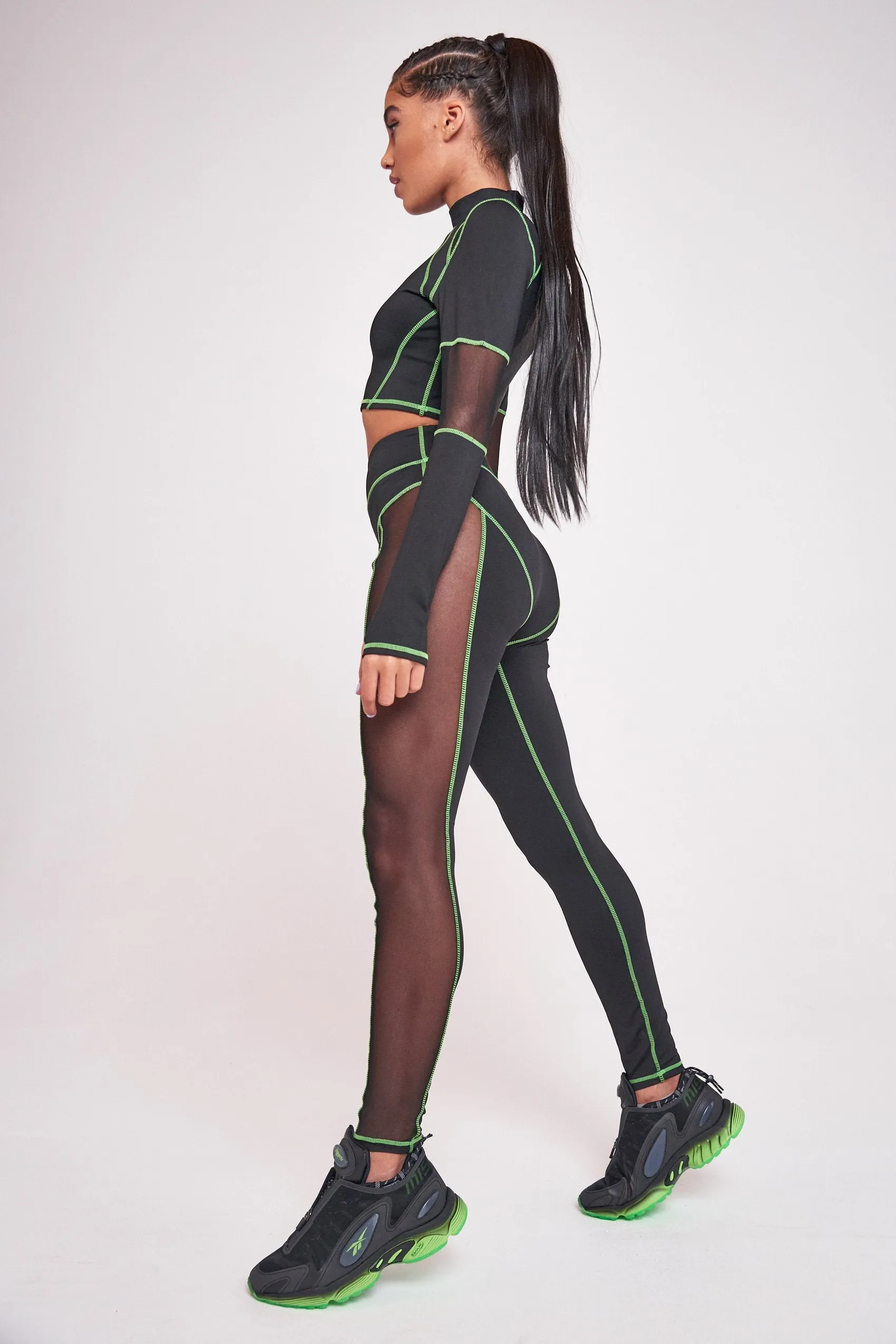 Green & Black High Waist Sheer Panelled Leggings