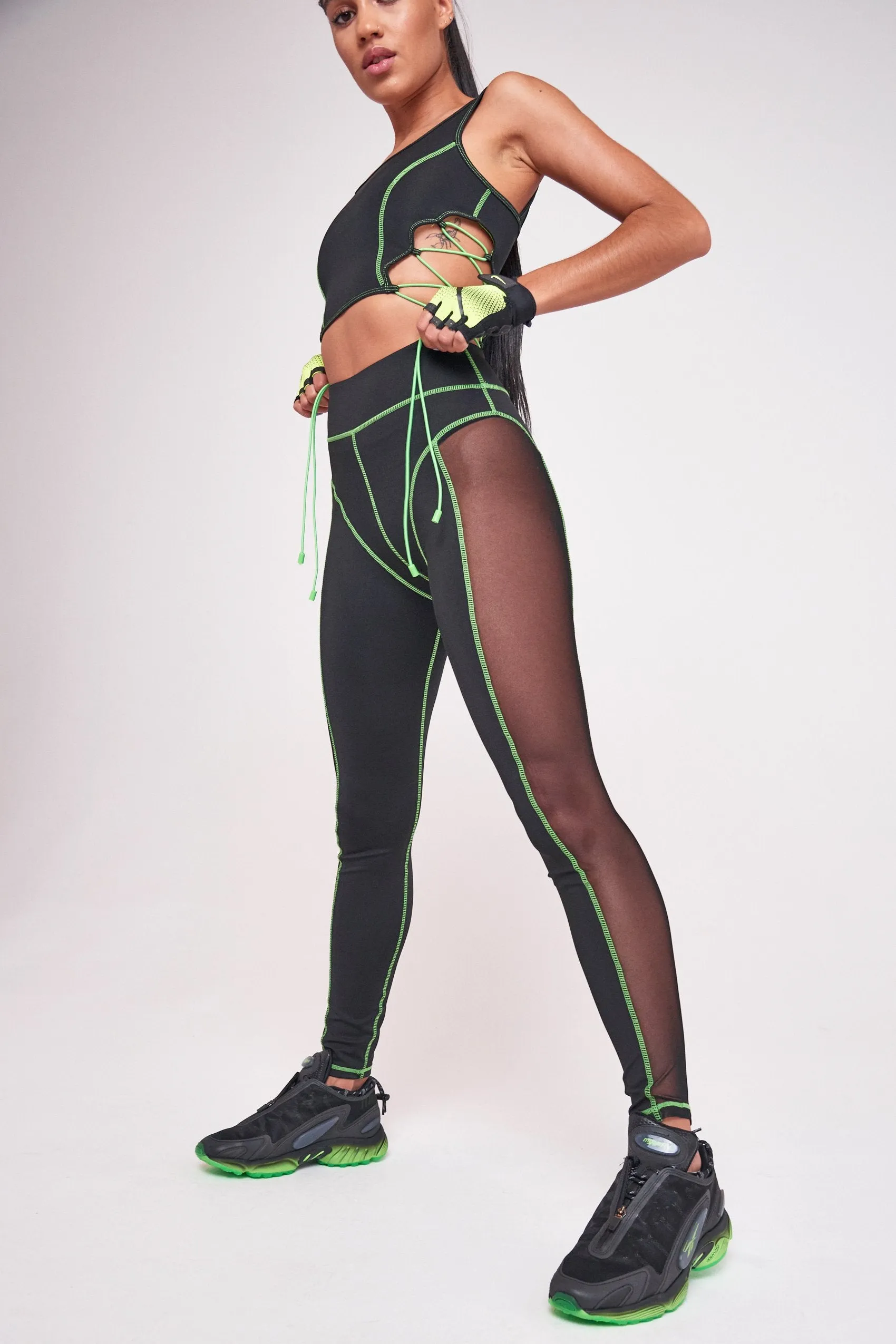 Green & Black High Waist Sheer Panelled Leggings