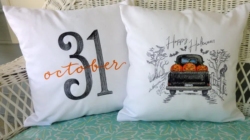 Halloween Truck pillow cover, Embroidered pillow cover, Farmhouse pillows, Burlap pillow cover