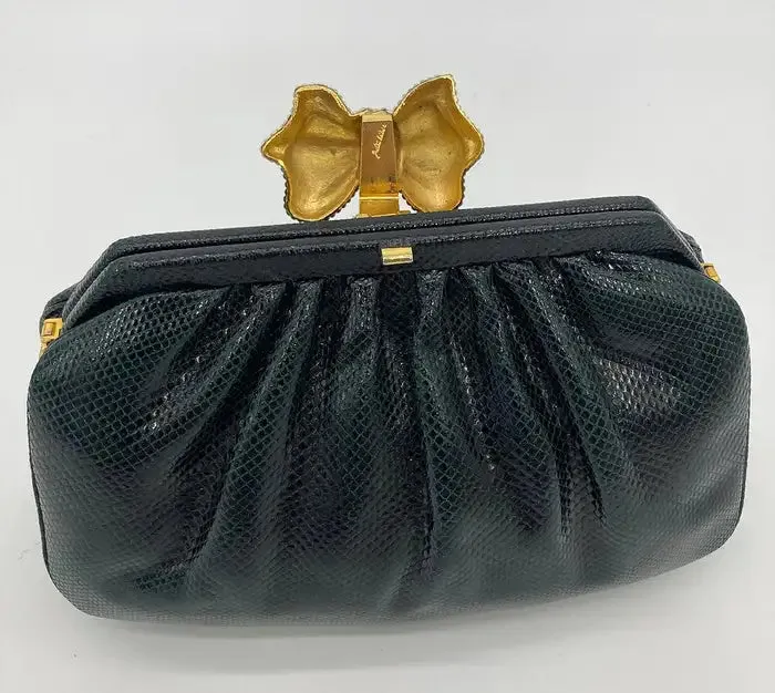 Judith Leiber Black Lizard Swarovski Crystal Bow Top Clutch