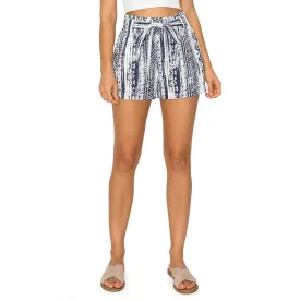 Paper Bag Waist with Self Tie Belt Linen Shorts - Blue Tribal