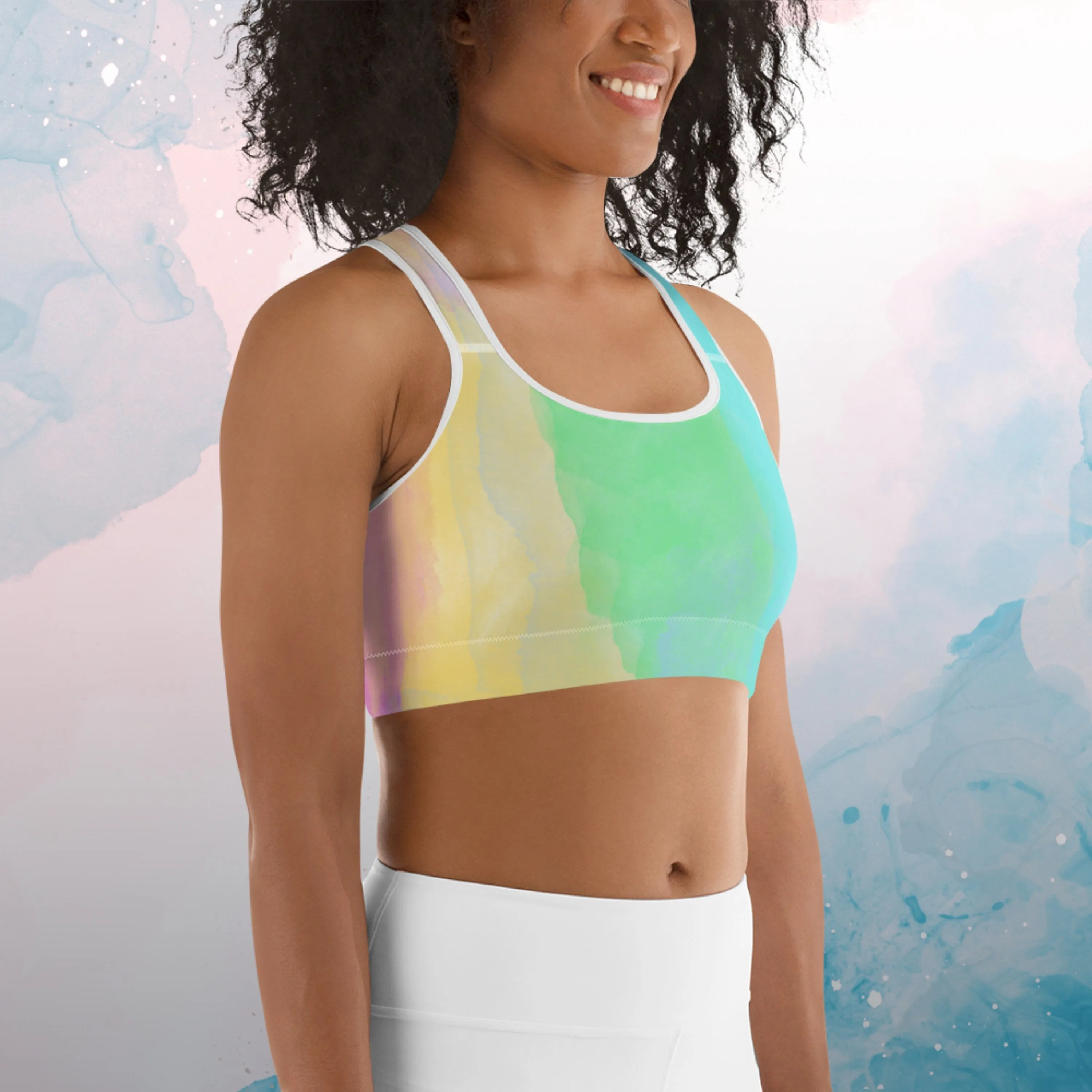 Rainbow Striped Watercolor Womens Light Weight Sports Bra