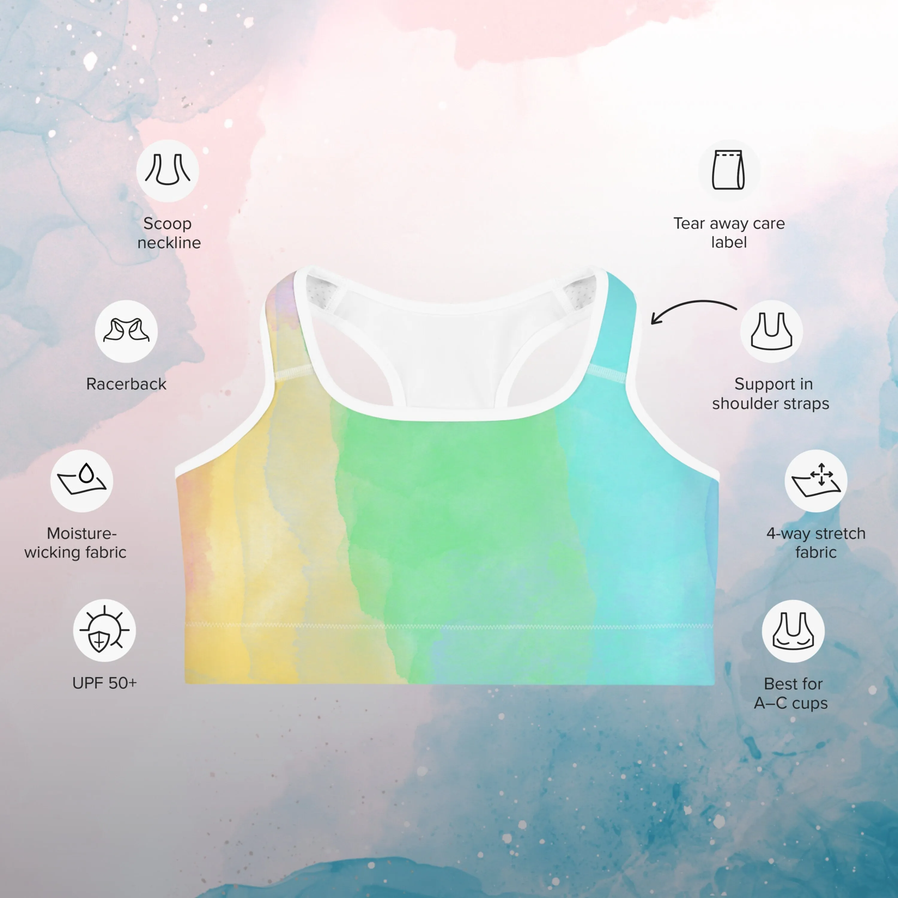 Rainbow Striped Watercolor Womens Light Weight Sports Bra