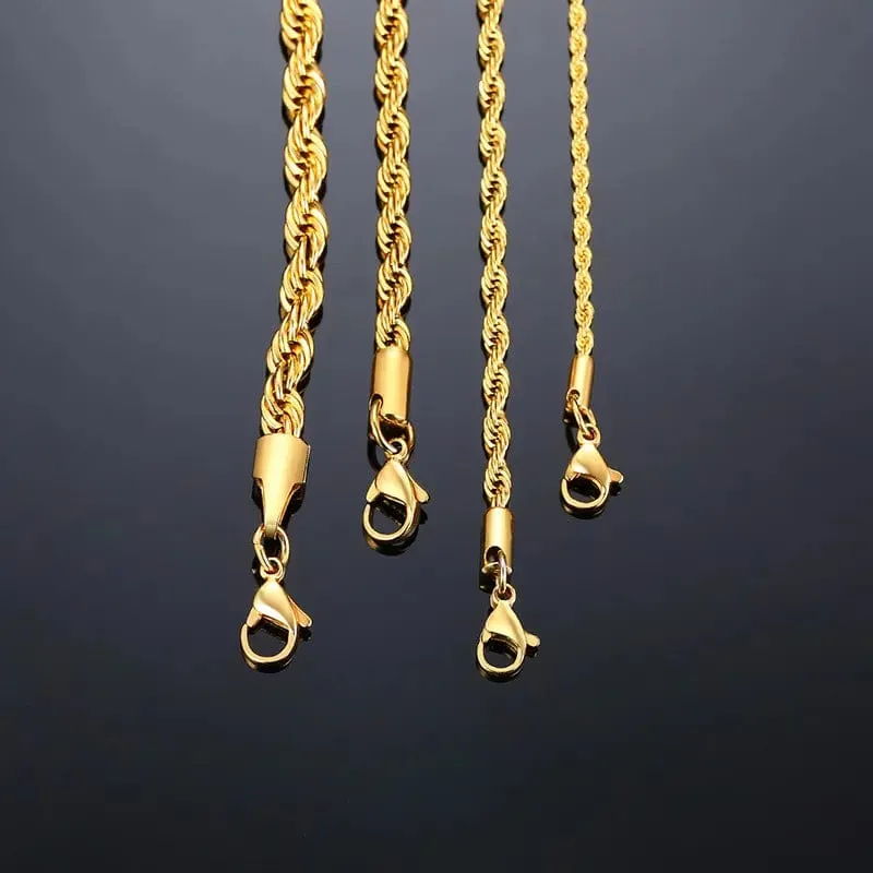 Stainless Steel Minimalist Twist Rope Chain Necklace for Men - Available in Gold and Silver Colours, 2 to 5mm Options