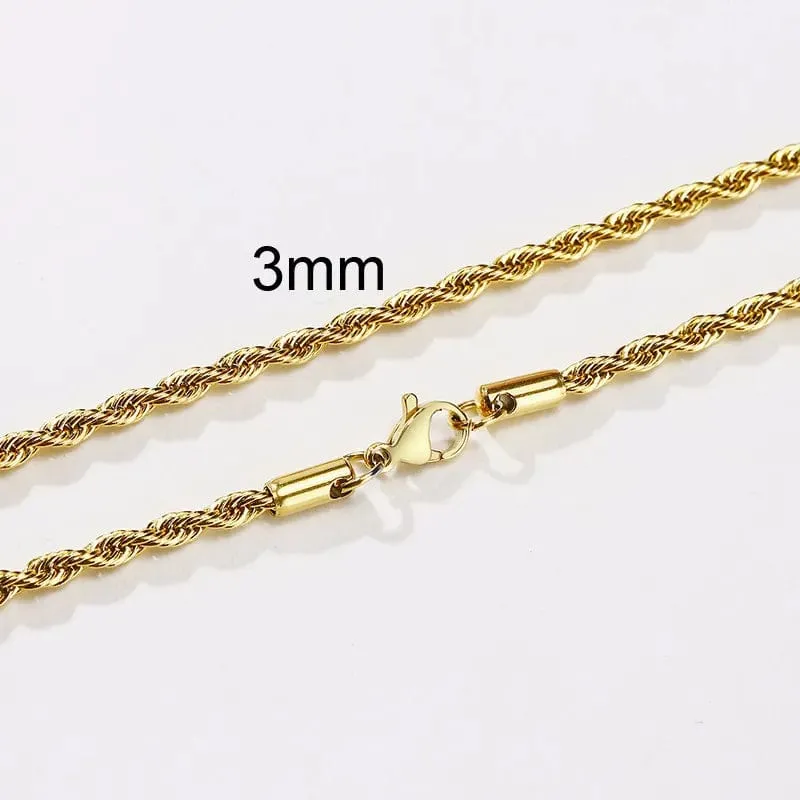 Stainless Steel Minimalist Twist Rope Chain Necklace for Men - Available in Gold and Silver Colours, 2 to 5mm Options