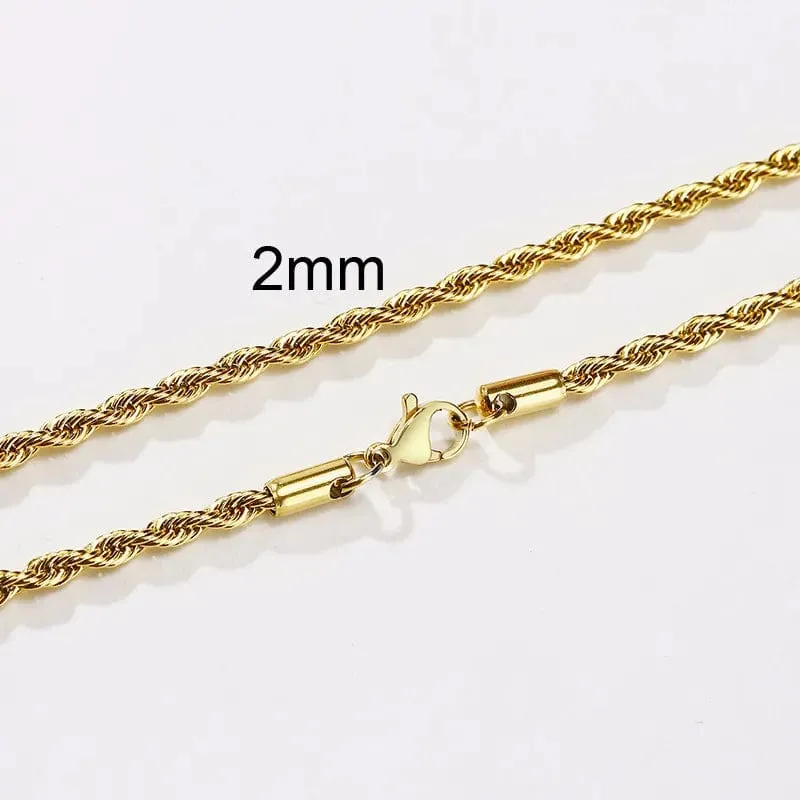 Stainless Steel Minimalist Twist Rope Chain Necklace for Men - Available in Gold and Silver Colours, 2 to 5mm Options