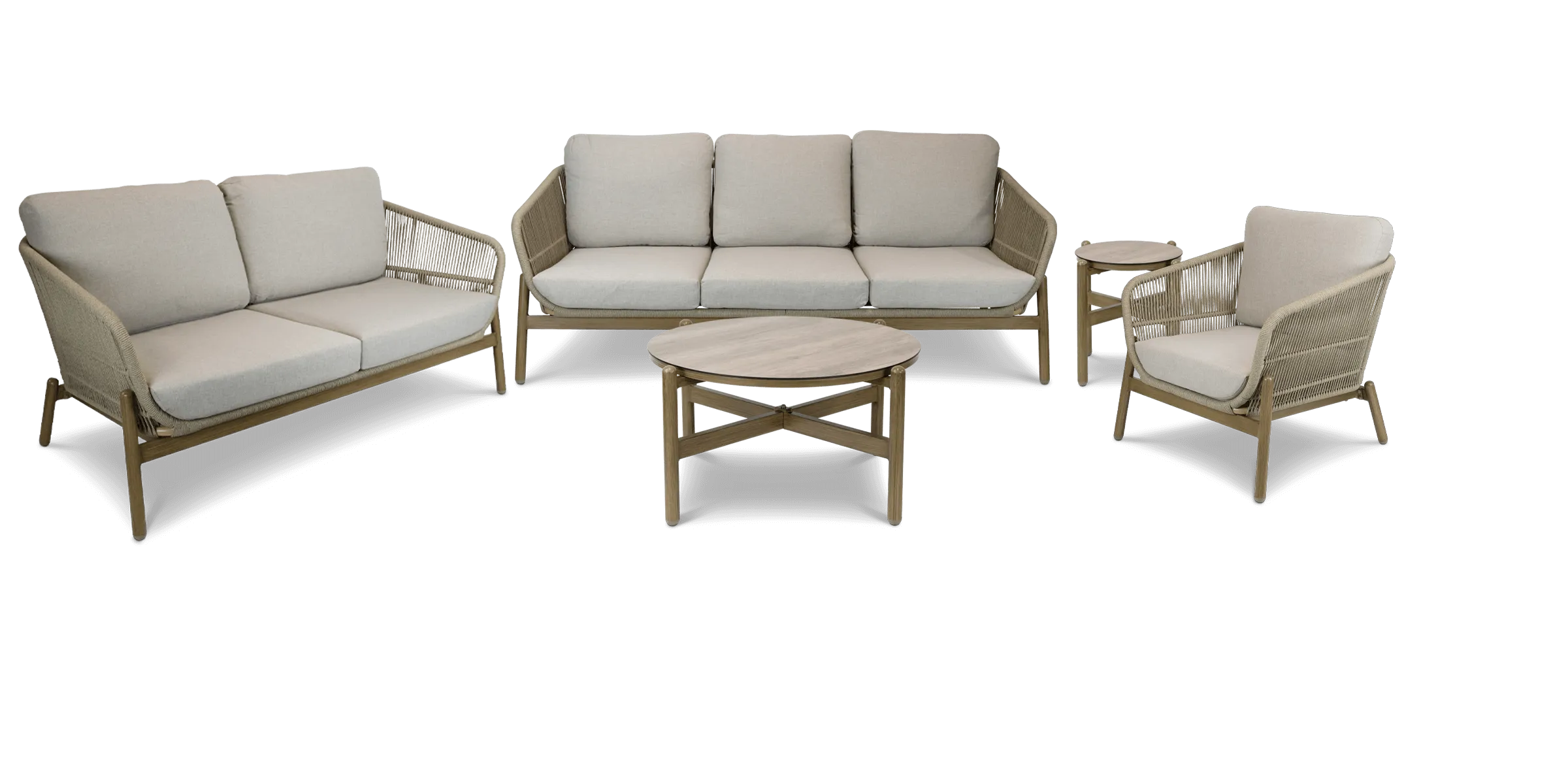 Tahiti Outdoor 3 Seater, 2 Seater, Armchair, Coffee & Side Table in Aluminium and Rope