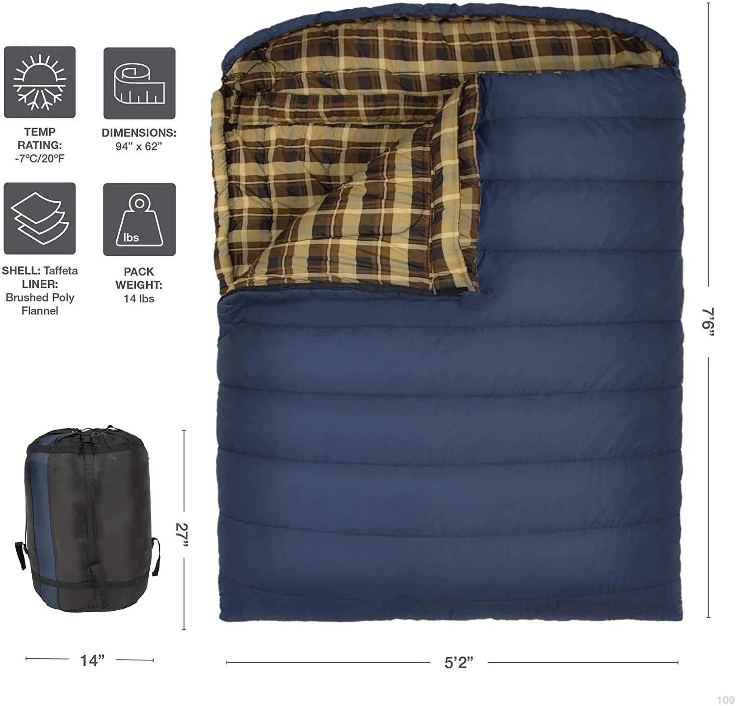 TETON Sports Mammoth Queen-Size Double Sleeping Bag; Warm and Comfortable for Family Camping