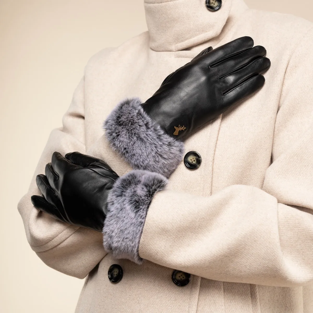 Vera – luxurious leather gloves with faux fur at the wrist & touchscreen feature